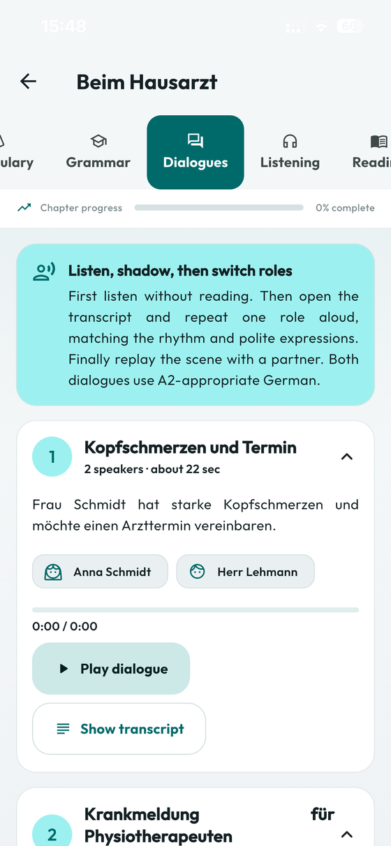 Two-speaker German dialogue with transcript and role play