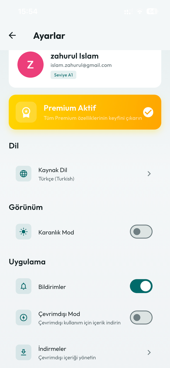 Settings with the interface language set to Turkish