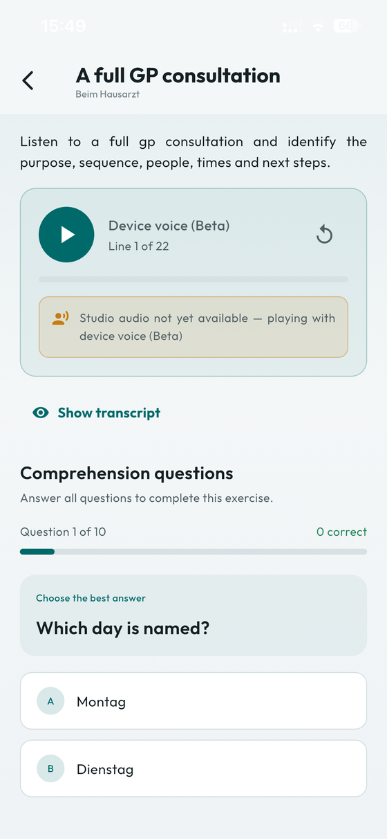 Listening exercise with comprehension questions